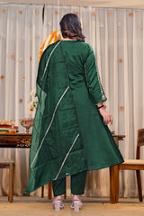 Ruby Red, Burnt Orange & Emerald Green Chanderi Silk Embroidered Anarkali Kurta Pant Set with Organza Dupatta