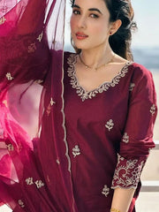 Premium Roman Silk Embroidered Suit Set with Organza Dupatta | Designer Ethnic Wear for Women