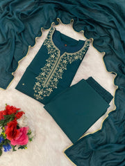 Premium Roman Silk Embroidered Suit Set with Chanderi Silk Dupatta | Designer Ethnic Wear for Women
