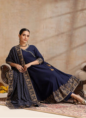 Rooprangi Women's Heavy Rayon Embroidered Anarkali Kurta Pant Set with Foil Print Dupatta