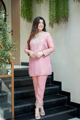Blush Pink & Aqua Blue Premium Simmar Silk Mirror & Sequence Embroidered Kurta Palazzo Set