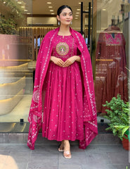 Rust orange & Rani Pink Cotton Khadi Print Embroidered Anarkali Kurta Pant Set with Cotton Khadi Print Dupatta