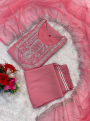 Roman Silk Embroidered Kurta Pant Set with Organza Dupatta | Designer Ethnic Suit Set for Women