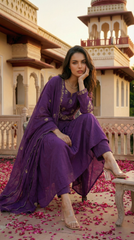 Royal Purple & Rust Orange Chanderi Silk Embroidered Anarkali Kurta Pant Set with Embroidered Organza Dupatta