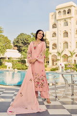 Blush Pink & Powder Blue Chanderi Silk Embroidered Kurta Pant Set with Embroidered Chanderi Dupatta