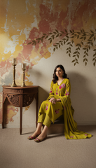 Olive Green & Maroon Chanderi Silk Embroidered Kurta Pant Set with Embroidered Chanderi Dupatta