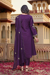 Royal Purple & Rust Orange Chanderi Silk Embroidered Anarkali Kurta Pant Set with Embroidered Organza Dupatta