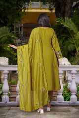 Olive Green & Ruby Red Chanderi Silk Embroidered Anarkali Kurta Pant Set with Organza Dupatta