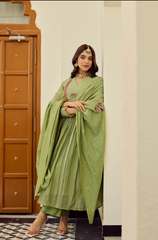 Rooprangi Women's Premium Chanderi Silk Embroidered Kurta Palazzo Set with Chanderi Dupatta | Sage Green & Peach | Festive Wear