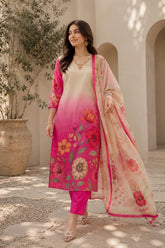 Pink Soft Waves Silk Printed Kurti Pant Dupatta Set with Heavy Neck Handwork