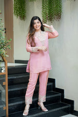 Blush Pink & Aqua Blue Premium Simmar Silk Mirror & Sequence Embroidered Kurta Palazzo Set