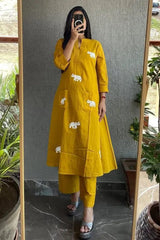 Heavy Rayon Embroidered Kurta Pant Set with Elephant Motif | Designer Casual Ethnic Wear for Women