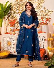 Premium Vichhitra Silk Embroidered Suit Set with Embroidered Vichhitra Silk Dupatta | Designer Ethnic Wear for Women