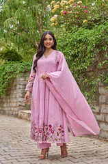 Pink & Ivory Chanderi Silk Embroidered Anarkali Kurta Pant Set with Chanderi Dupatta