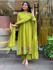 Rooprangi Women's Premium Chanderi Silk Embroidered Kurta Pant Set with Chanderi Dupatta | Olive Green & Mustard Yellow