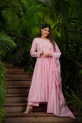 Baby Pink & Pastel Yellow Chanderi Silk Embroidered Anarkali Kurta Pant Set with Chanderi Embroidered Dupatta