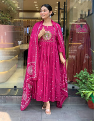 Rust orange & Rani Pink Cotton Khadi Print Embroidered Anarkali Kurta Pant Set with Cotton Khadi Print Dupatta
