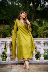 Rooprangi Women's Premium Chanderi Silk Embroidered Kurta Pant Set with Organza Dupatta | Olive Green & Ruby Red