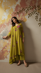 Olive Green & Maroon Chanderi Silk Embroidered Kurta Pant Set with Embroidered Chanderi Dupatta