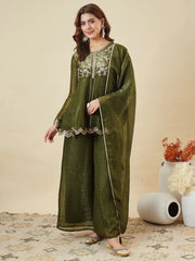 Premium Crunchy Silk Embroidered Peplum Palazzo Suit Set with Matching Crunchy Silk Dupatta | Designer Ethnic Wear for Women