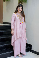 Yellow & Blush Pink French Crepe Embroidered Kurta Palazzo Set