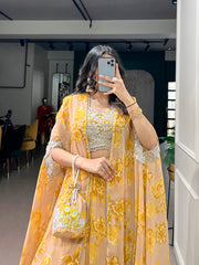 Lavender, Pink, Mustard & Mint Green Georgette Floral Lehenga with Embroidered Cape Dupatta & Batwa | Designer Party Wear Lehenga for Women