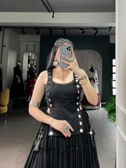 Classic Black Marble Navratri Lehenga Choli Set with Sheer Tunic & Cowrie Bell Detailing