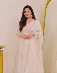 Wine, Sapphire Blue & Ivory White Chanderi Silk Embroidered Anarkali Kurta Pant Set with Embroidered Chanderi Dupatta