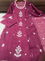Elegant Embroidered Rayon Slub Suit Set with Chanderi Dupatta