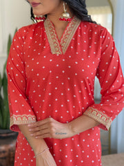 Red & Lime Green Viscose Bandhani Print Embroidered Kurta Pant Set with Muslin Dupatta