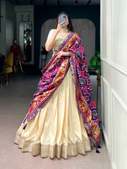Designer Poly Kotha Tasar Lehenga Choli with Printed Dupatta | Traditional Zari Border Festive Lehenga Set for Women