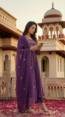 Royal Purple & Rust Orange Chanderi Silk Embroidered Anarkali Kurta Pant Set with Embroidered Organza Dupatta