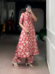 Coral Pink Floral Printed P.V. Chanderi Kurti Palazzo Set | Foil Work Designer Ethnic Co-ord Set for Women
