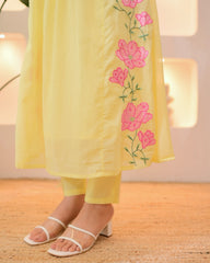 Pastel Yellow & Powder Blue Parampara Silk Embroidered Anarkali Kurta Pant Set with Organza Dupatta