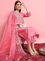 Roman Silk Embroidered Kurta Pant Set with Organza Dupatta | Designer Ethnic Suit Set for Women