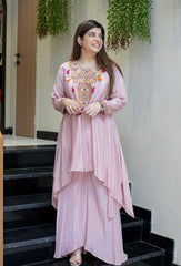 Yellow & Blush Pink French Crepe Embroidered Kurta Palazzo Set