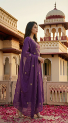 Royal Purple & Rust Orange Chanderi Silk Embroidered Anarkali Kurta Pant Set with Embroidered Organza Dupatta