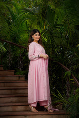 Baby Pink & Pastel Yellow Chanderi Silk Embroidered Anarkali Kurta Pant Set with Chanderi Embroidered Dupatta