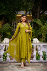 Olive Green & Ruby Red Chanderi Silk Embroidered Anarkali Kurta Pant Set with Organza Dupatta