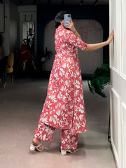 Coral Pink Floral Printed P.V. Chanderi Kurti Palazzo Set | Foil Work Designer Ethnic Co-ord Set for Women