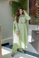 Pastel Pink & Mint Green Chanderi Silk Embroidered Anarkali Kurta Pant Set with Organza Dupatta