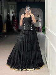 Classic Black Marble Navratri Lehenga Choli Set with Sheer Tunic & Cowrie Bell Detailing