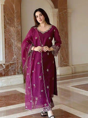 Premium Roman Silk Embroidered Suit Set with Organza Dupatta | Designer Ethnic Wear for Women