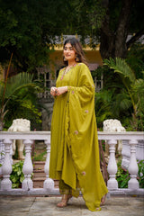 Rooprangi Women's Premium Chanderi Silk Embroidered Kurta Pant Set with Organza Dupatta | Olive Green & Ruby Red
