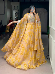 Lavender, Pink, Mustard & Mint Green Georgette Floral Lehenga with Embroidered Cape Dupatta & Batwa | Designer Party Wear Lehenga for Women