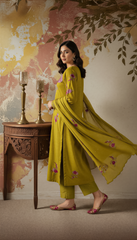 Olive Green & Maroon Chanderi Silk Embroidered Kurta Pant Set with Embroidered Chanderi Dupatta