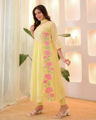 Pastel Yellow & Powder Blue Parampara Silk Embroidered Anarkali Kurta Pant Set with Organza Dupatta