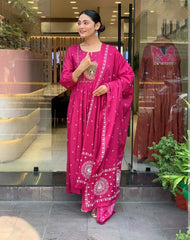 Rust orange & Rani Pink Cotton Khadi Print Embroidered Anarkali Kurta Pant Set with Cotton Khadi Print Dupatta
