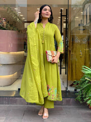 Rooprangi Women's Premium Chanderi Silk Embroidered Kurta Pant Set with Chanderi Dupatta | Olive Green & Mustard Yellow