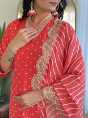 Red & Lime Green Viscose Bandhani Print Embroidered Kurta Pant Set with Muslin Dupatta